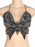 Rhinestone Diamond butterfly cutout halter bra crop top
