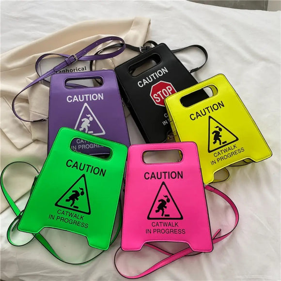 Ladies fun 3d caution sign catwalk handbag