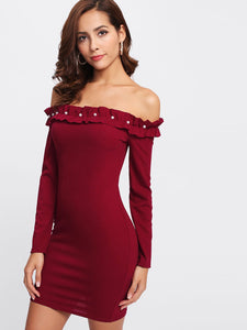 Off the shoulder ruffle pearl bodycon dress