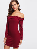 Off the shoulder ruffle pearl bodycon dress