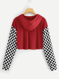 Checkered color hoodie crop sweatshirt