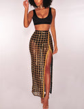 glitter cage side split maxi skirt & crop top 2 piece set
