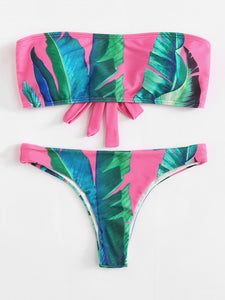 Pink tropical print 2 piece bikini swimsuit set