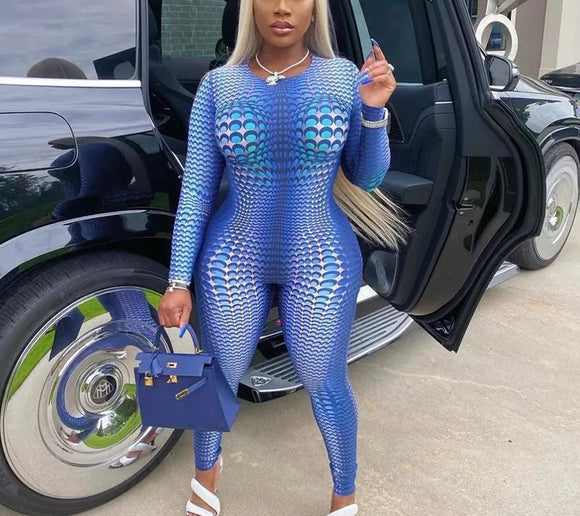 Blue mermaid print fashion jumpsuit