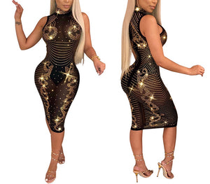 Sultry sheer rhinestone bodycon party dress