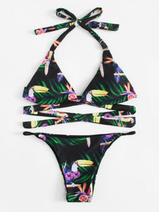 Tropical rainforest design wrap tie 2 piece bikini