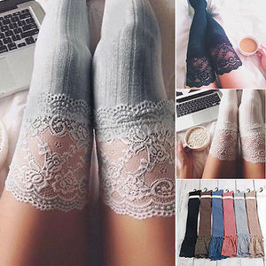 Lace detail over the knee warm knitted thigh high boots socks