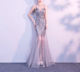 Royal Elegant beading sequins sheer Tulle mesh long evening prom formal party dress