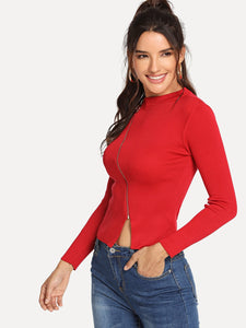 Split zipper long sleeve fashion sweater top