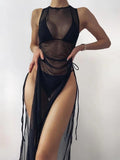 Sheer mesh high split bikini coverup dresses