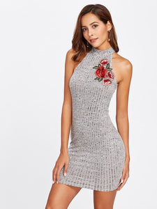 Rose embroidery high neck bodycon dress