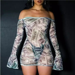 Sheer money print mini bell sleeve dress