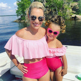 Pretty in pink ruffle matching Mommy baby kids swimsuit