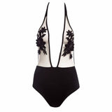 Luxe Sheer nude floral deep plunge mesh monokini one piece swimsuit