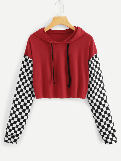 Checkered color hoodie crop sweatshirt