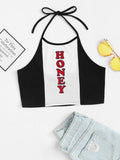 Honey text halter crop top