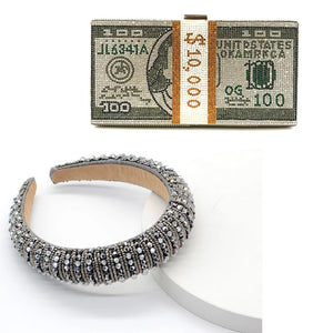Luxury rhinestone money bling chain clutch handbag w headband