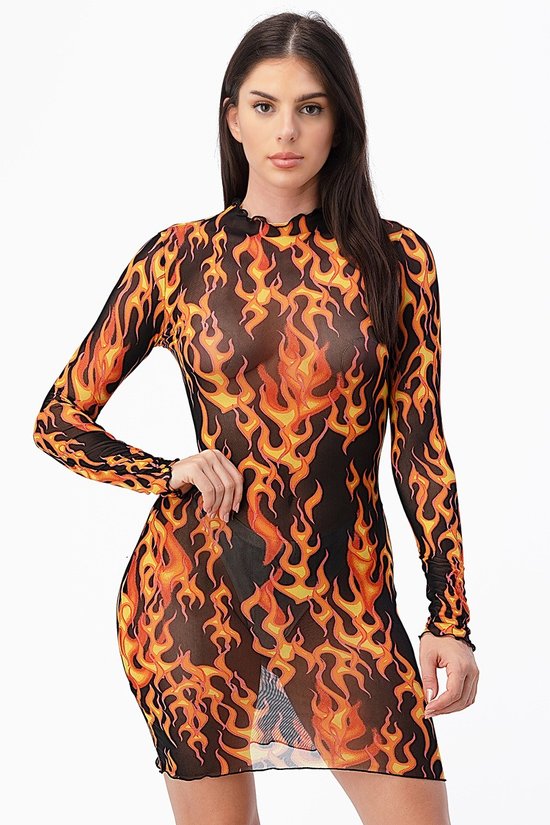 Flame fire bodycon mesh dress