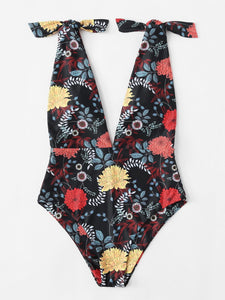 Bow style floral deep v one piece monokini swimsuit