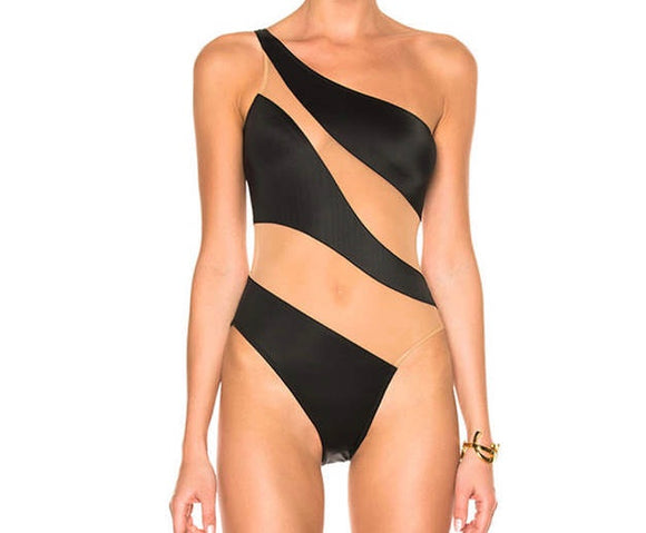 One shoulder Sheer nude mesh monokini one piece swimsuit