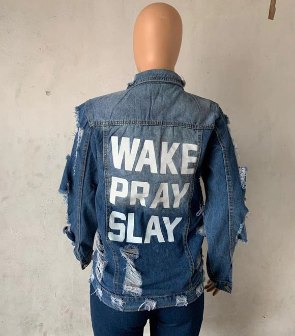 Ladies Wake pray slay distressed denim jacket