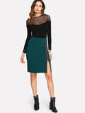Green and red side split bodycon skirt