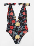 Bow style floral deep v one piece monokini swimsuit