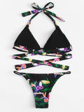 Tropical rainforest design wrap tie 2 piece bikini