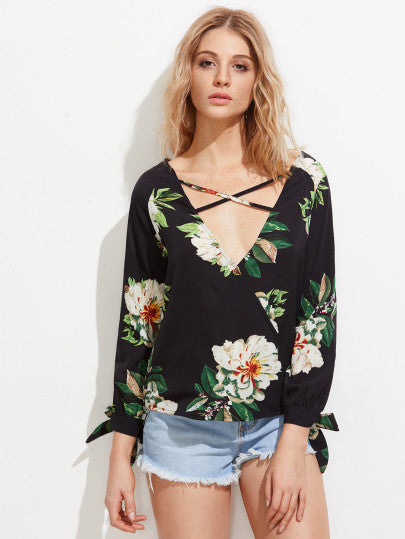 Floral cross front fashion blouse