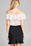 Ladies fashion off the shoulder w/ruffle elastic hem stripe print crop woven top