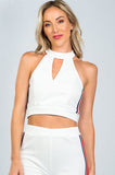 Ladies fashion crop top and matching pants with side contrast stripe