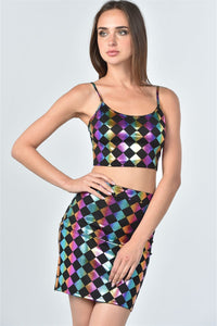 Ladies fashion dark multi color geo print top and skirt two piece set