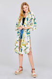 3/4 Dolman Sleeve Front Tie Side Slit Print Long Kimono