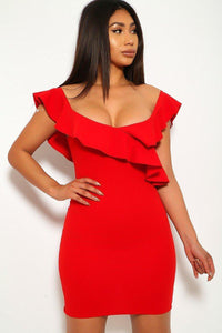 Solid, Ruffled Detail, Sleeveless, Round Neckline, Back Slit, And Stretchy Dress