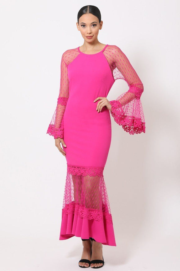 Ladies pink stylish Bell Sleeve Mesh Long Evening Dress