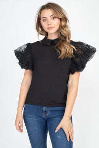 Solid Lace Puff Sleeves Top