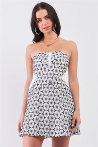 White & Black Floral Crochet Sleeveless Strapless Smock Back Detail Mini Dress