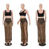 glitter cage side split maxi skirt & crop top 2 piece set