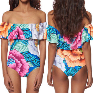 Floral ruffle off the shoulder one piece monokini swimsuit