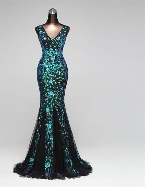 “Alizu” peacock Sequins Elegant deep v long mermaid formal prom dance gown dress