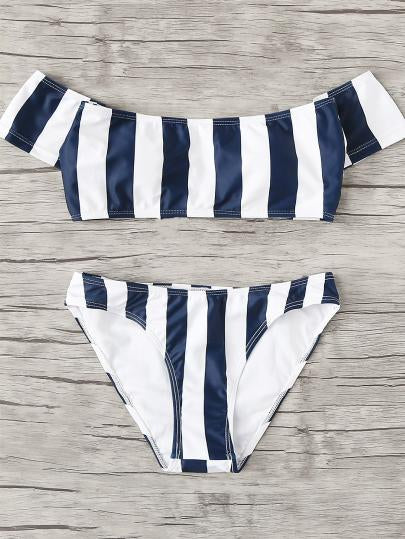 Stripe off the shoulder 2 piece bikini swimsuit set
