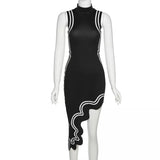 Women stripe Turtleneck asymmetrical high low Dress