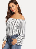 Off the shoulder stripe ballon sleeve fashion blouse