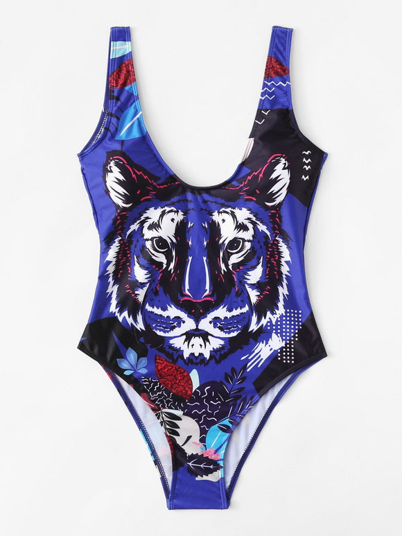 Tropical Tiger print one piece monokini swimsuit