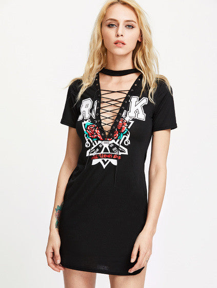 Rock lace up front distressed tshirt dress