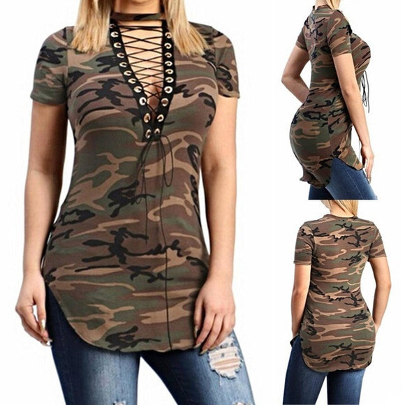 Ladies camo lace up front fashion top