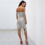 "Valence" off the shoulder fringe detail couture party dress