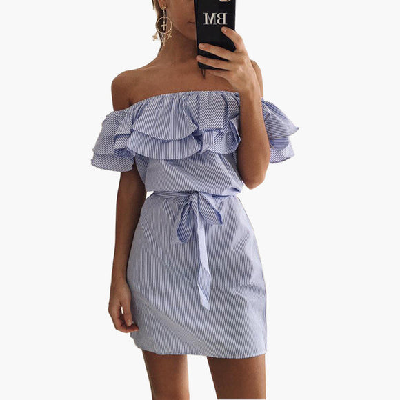 Ruffle off the shoulder mini tie day dress