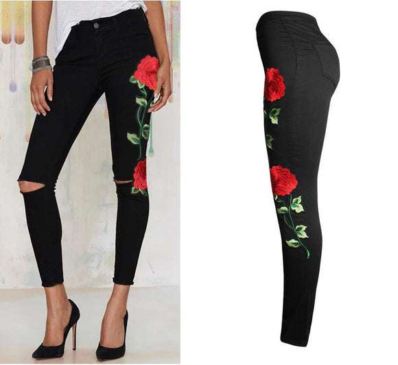 Stylish high waisted roses detail distressed jeans