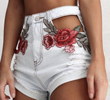 Ladies cutout rose detail denim shorts